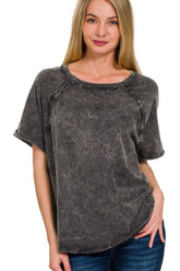 Zenana Back Patch Crinkle Washed Raglan Sleeve T-Shirts OutfitFlow